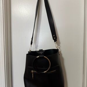 Chic Black Leather Shoulder Bag with Gold Accents